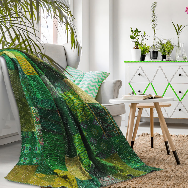 Advika Handmade Kantha Silk Blend Throw Blanket, Green