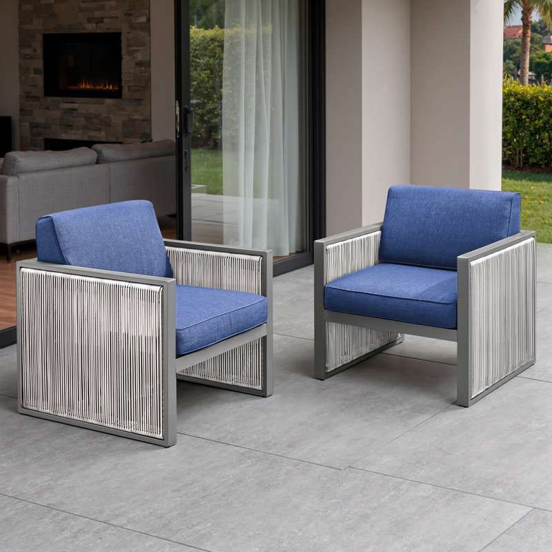 Trinie Andrejka Outdoor Patio Lounge Chair with Cushions (Set of 2), Blue