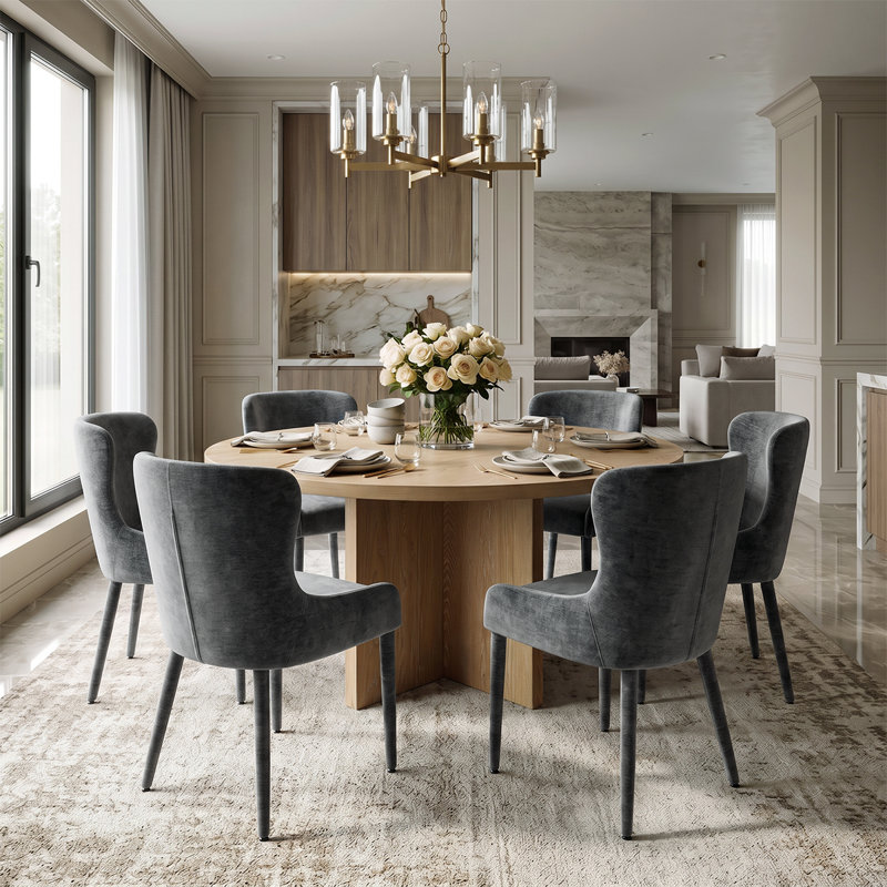 Ensemble de salle à manger rond de 60 pouces en placage de bois avec piédestal et fauteuils à oreilles en chenille, Gray