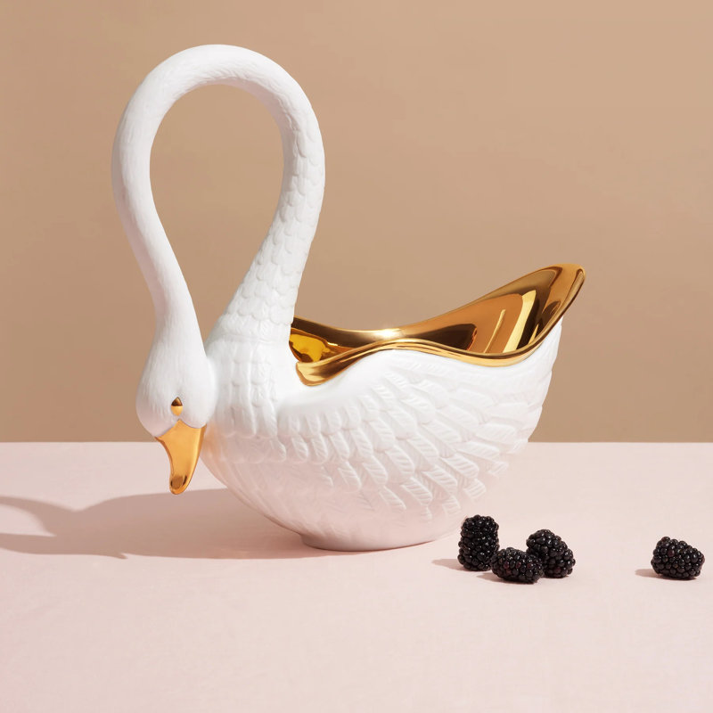 Swan Bowl, White/Gold, 13" H x 7" W x 14" D
