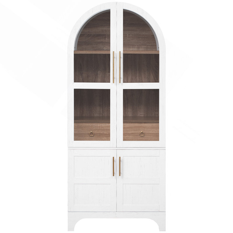 71" Tall Arched Farmhouse Kitchen Pantry Cabinet with Glass Door, Hidden Drawer & Adjustable Shelves, White