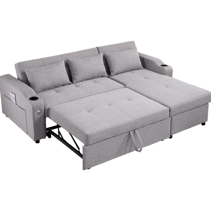 3 lits réglables avec ports, porte-gobelets et chaise de rangement, canapé en lin moderne pour le salon