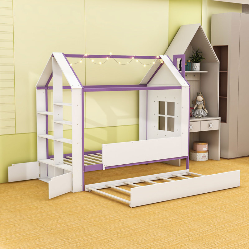 Lit en forme de maison avec lumière DEL blanc froid, lit gigogne caché et tablettes de rangement, Lit simple, White Purple