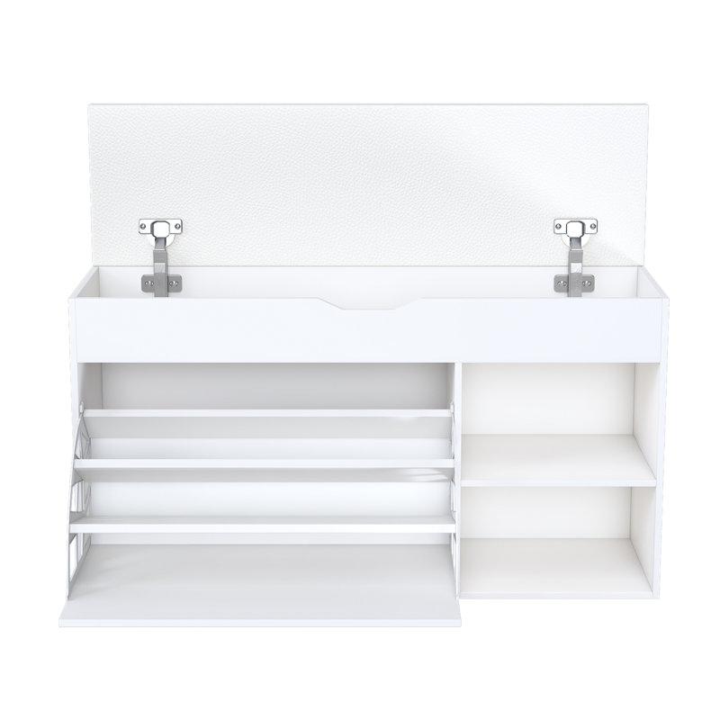 Entryway Bench With Shoe Storage,Adjustable 3-Tier Flip-Up Drawers & Hidden Cabinet,Space-Saving Shoe Organizer,Triple Storage And Modern Design,For  Hallway And Living Room,White
