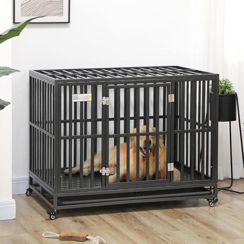 Chenil en métal de grande race avec mouvement verrouillable et base sanitaire avec roulettes pour abri pour chien, lavable, 45 po x 29,5 po x 35 po, pour grands chiens