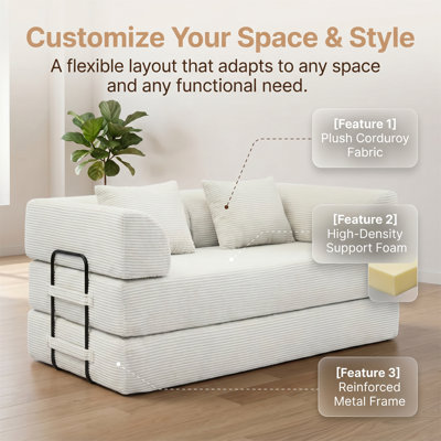 Sofa Bed, Convertible Sofa, Fixed Frame, MDF Frame Upholstered In Corduroy, Frameless Design, Mid-Century Modern Style, White