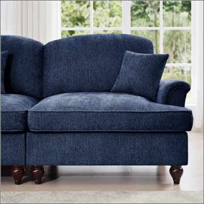 Élégant canapé Mid-Century à 4 places avec accoudoirs évasés, jupes de plis à volants amovibles et pieds fuselés, chenille confortable pour le salon, bleu