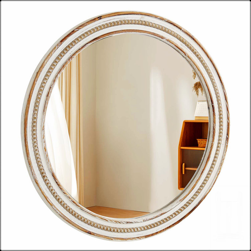 Miroir décoratif rond 23,62 pouces en bois rustique pour mur, parfait pour la maison et le bureau avec cadre perlé élégant