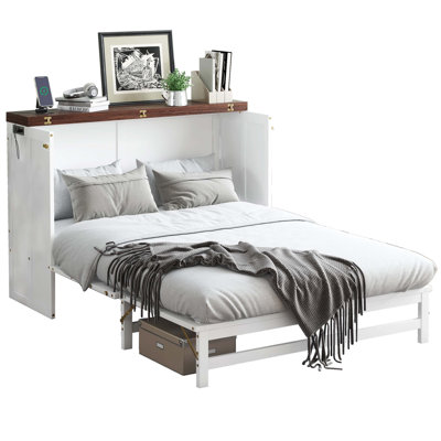 Murphy Bed Cabinet with Storage Drawer and Charging Station USB Port Solid Pine Murphy Bedframe for Home Office Studio or Guest RoomWhite-walnut