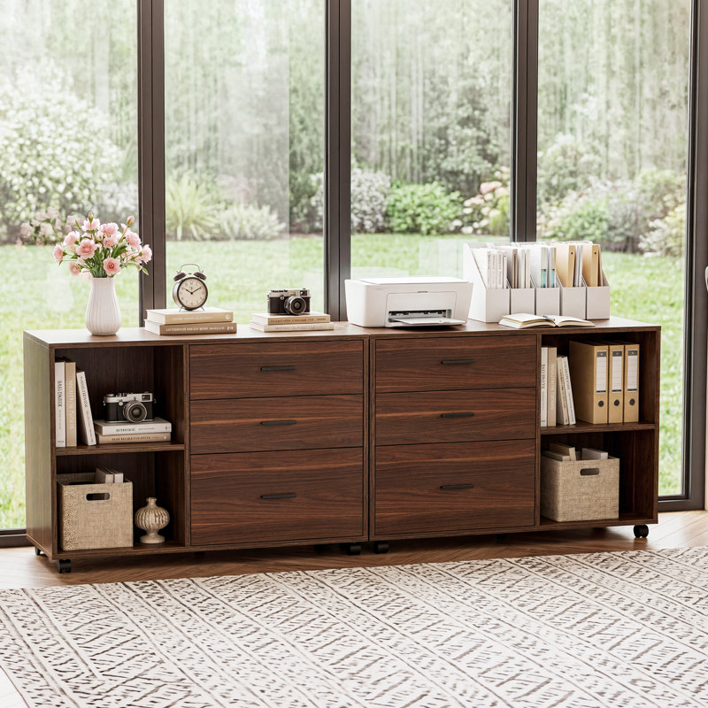 Classeur latéral mobile avec tiroirs et tablettes, armoire de rangement à roulettes, brun, Marron foncé