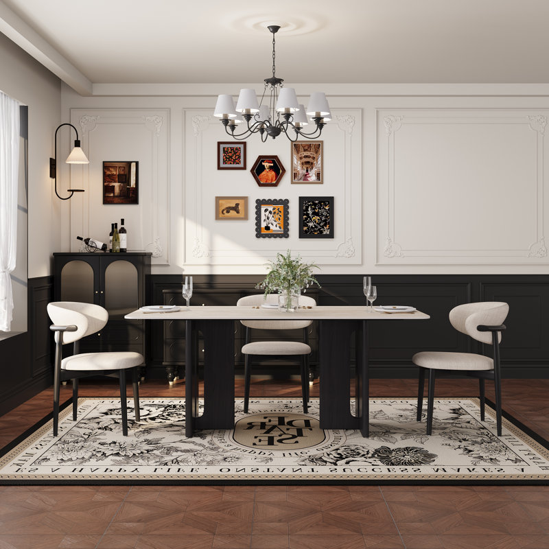 Table de salle à manger de 63 pouces de style moderne en pierre de fritté de style travertin, plateau en pierre brillante avec base en grain de bois de noyer, table de salle à manger rectangulaire pour 4 à 6 personnes