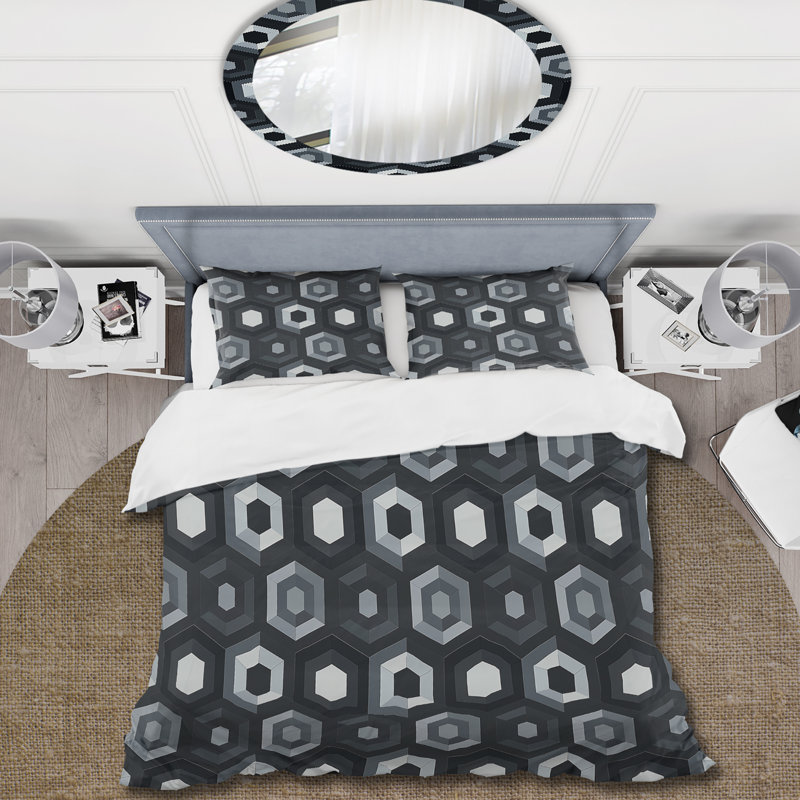 Ensemble de housse de couette noir et blanc Hexagon III - Mid-Century, Housse de couette très grand + 2 taies décorativ
