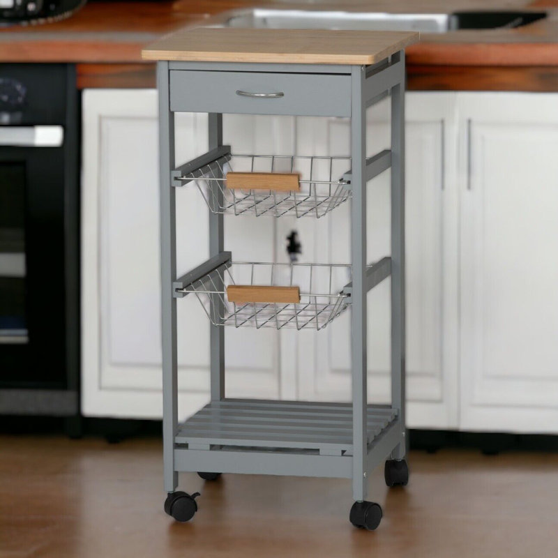 Mathie Solid Wood Bar Cart, Grey Wood