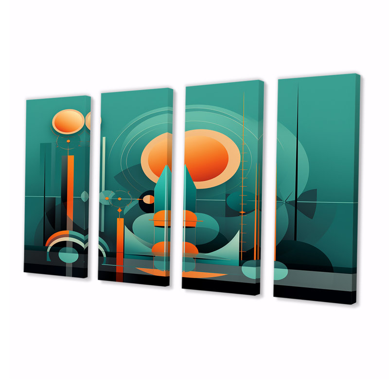Ensemble d'art mural rétro moderne pleine lune City I - Mid-Century 4 pièces, H 28 po x l 48 po