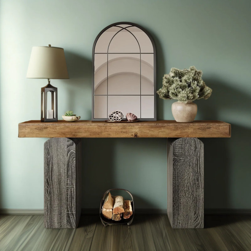 Console Farmhouse avec pieds en piédestal arqués, canapé de 63 pouces de long pour canapé derrière le canapé, entrée, couloir et salon, conception rétro bicolore