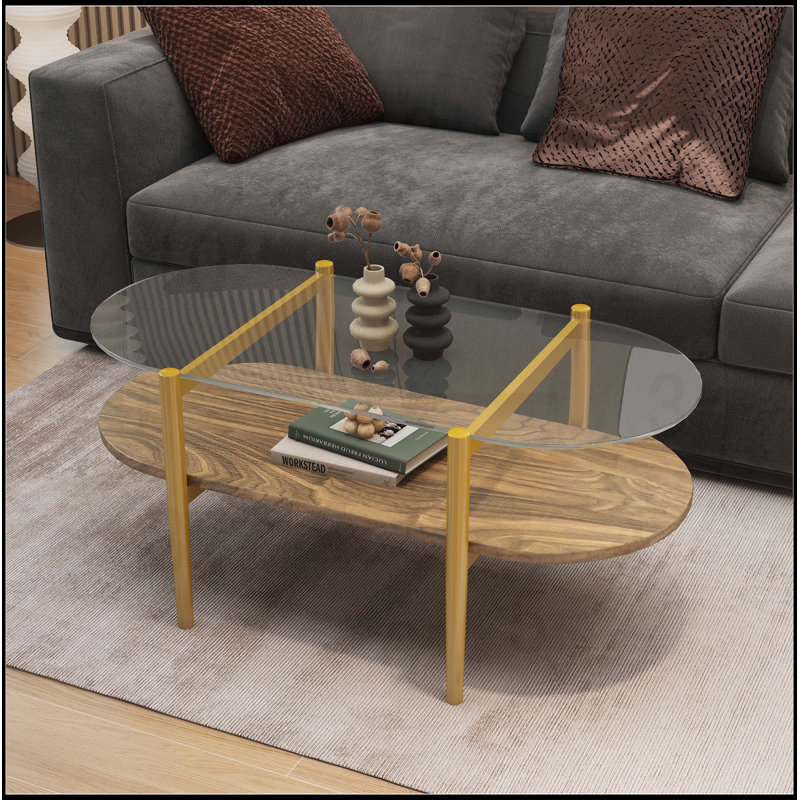 Oval Glass Coffee Table, Mid-Century Modern Design, L41 x W21 x H17 inch, for Living Room, 2-Tier Structure, Clear Glass Top and Walnut Finish Wood Shelf, Conical Legs with Gold Finish Frame