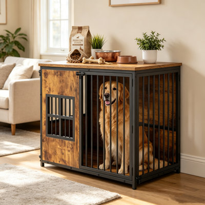 Cage en bois pour chien, grand chenil avec rangement intégré, cage d'intérieur pour salon ou chambre, maison pour animaux multifonctionnelle en bois avec cachette.