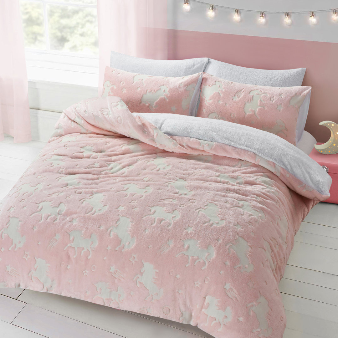 Velosso Glow In The Dark Cosy Teddy Soft Unicorn Pink Duvet Set