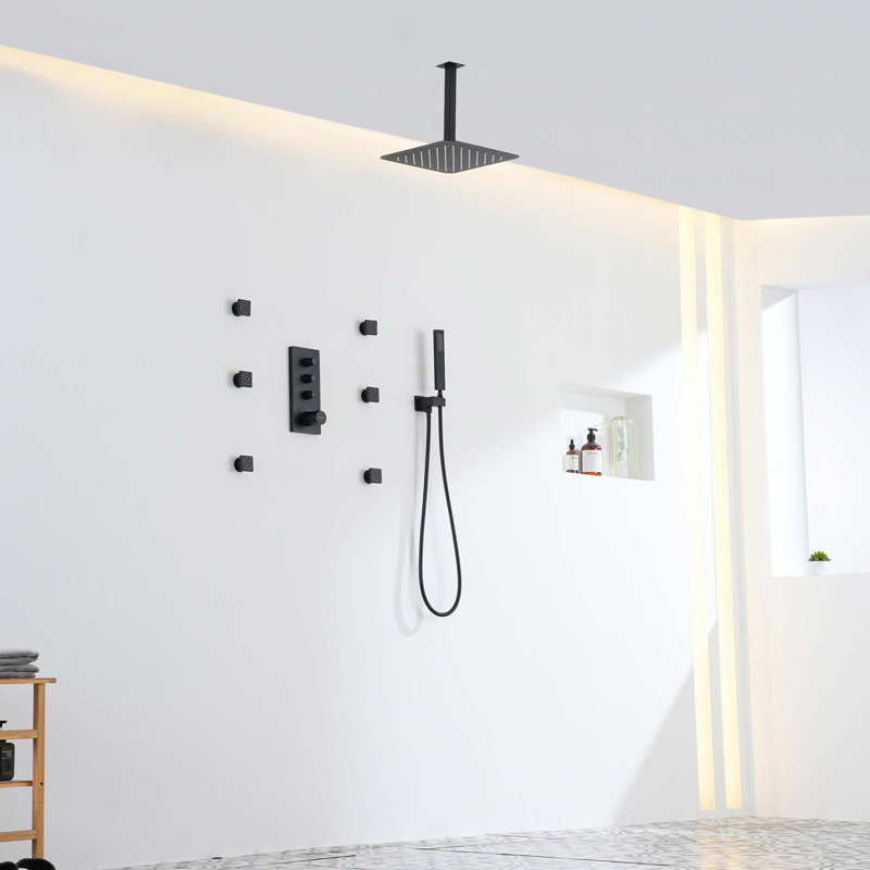 3-Functions 12" Ceiling-Mounted Thermostatic Shower System, Black