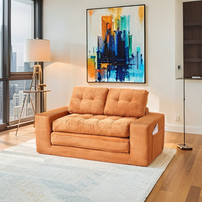 Canapé-lit sans assemblage - conception convertible 2-en-1 avec mousse à mémoire de forme et structure en acier, tissu en velours côtelé moelleux, canapé compact pour petits espaces / appartements / bureau à domicile / chambre à coucher (orange)