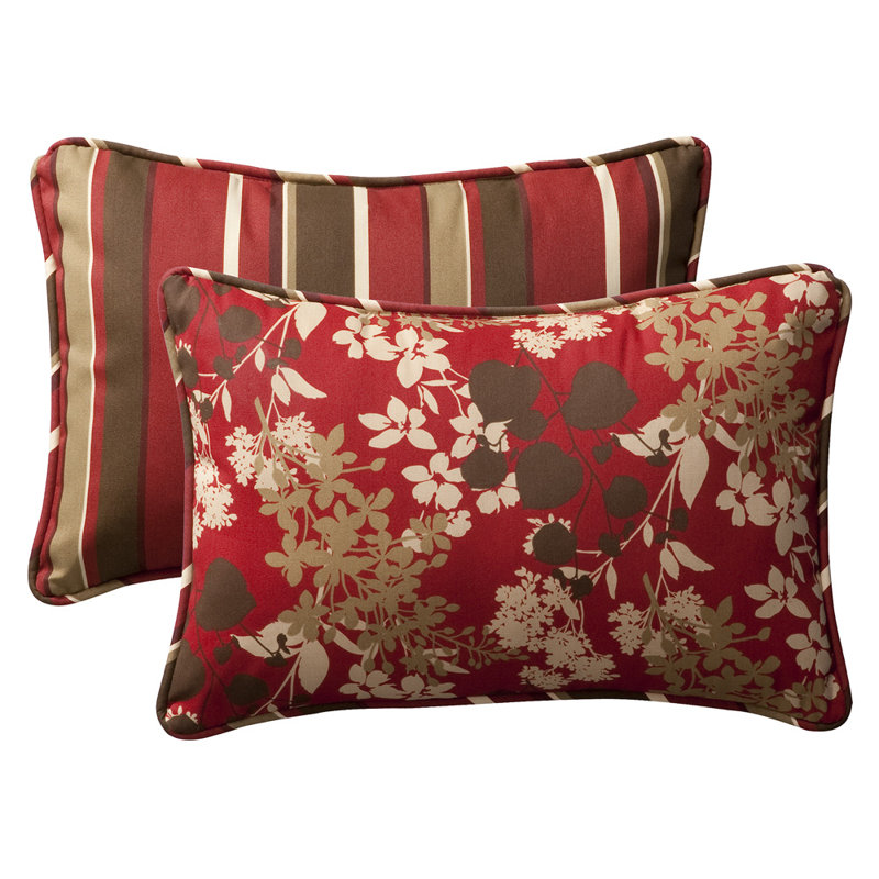 Reversible Red and Brown Floral Stripe Lumbar Pillow Set