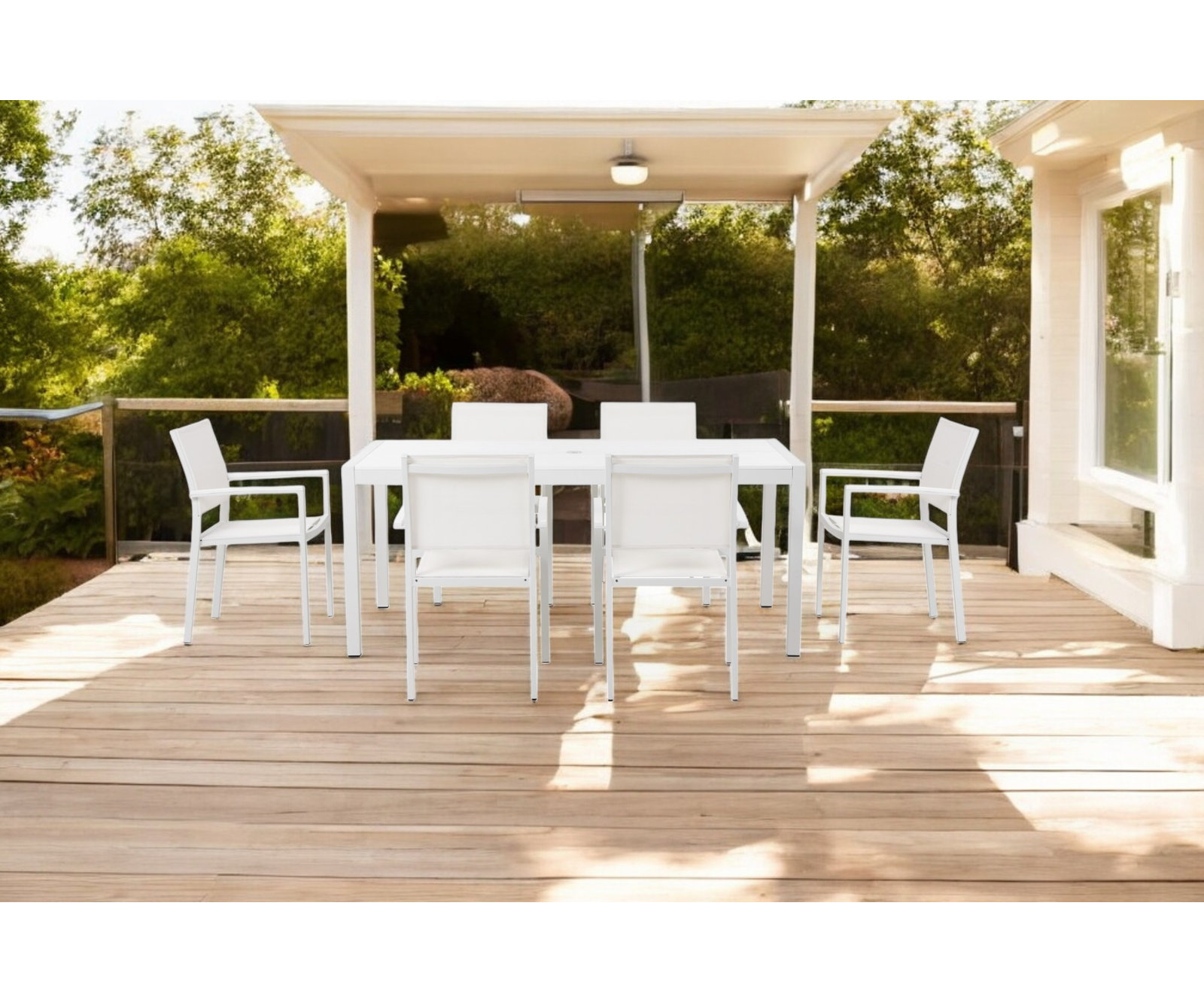 Aynura 71" Patio Dining Set, White Frame/White Top