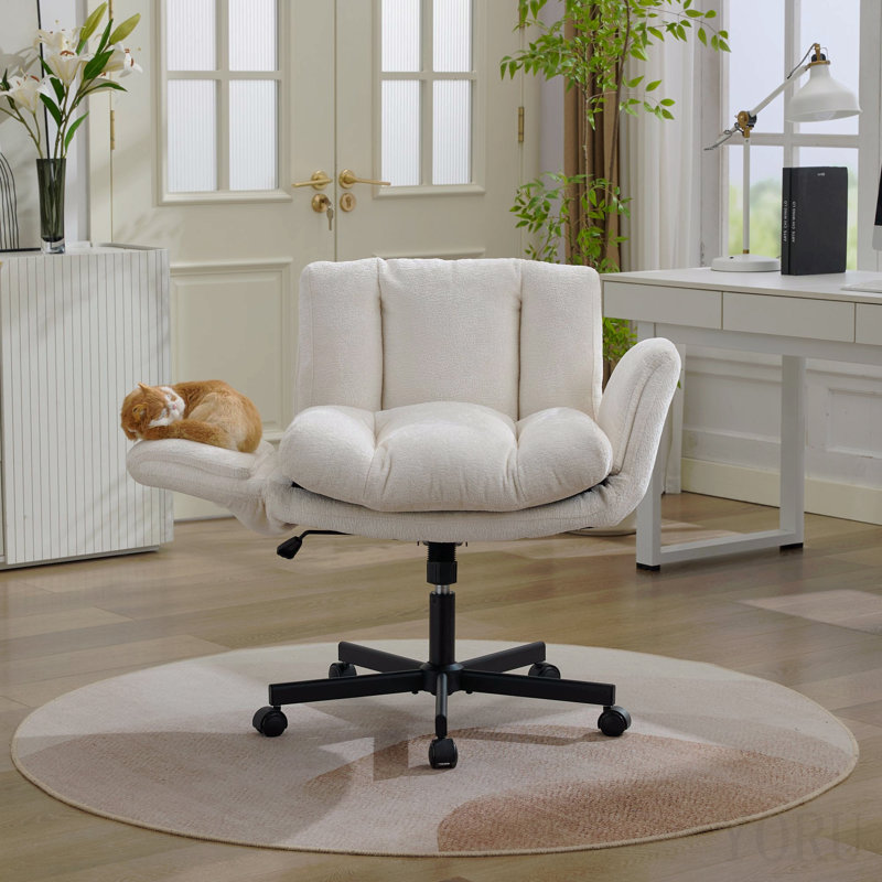Modern Chenille Swivel Office Chair, Height Adjustable Task Chair With Convertible Multi-Position Armrests, Comfy Double Cushioned Desk Chair For Home, Study, Vanity & Living Room, Cream / Beige