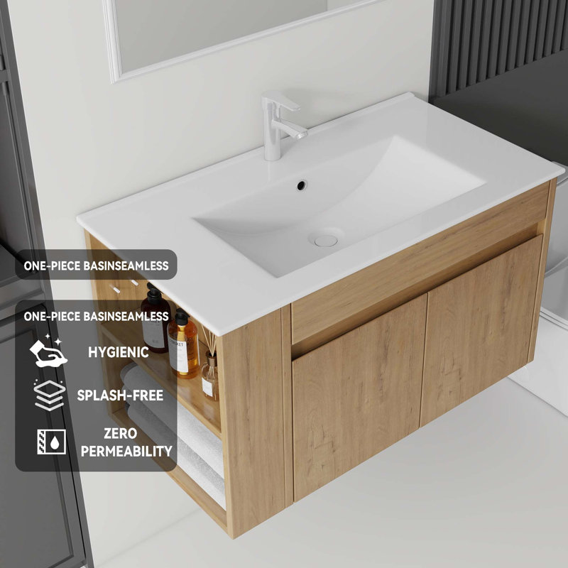 Meuble-lavabo flottant avec lavabo en céramique et portes à fermeture en douceur, Chêne