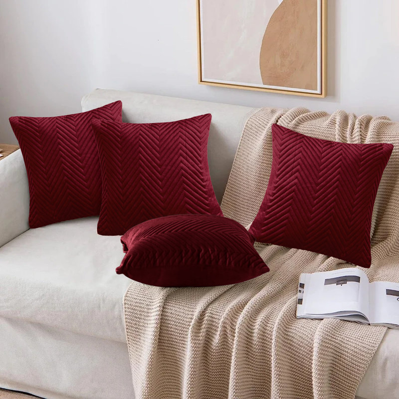 Embossed Velvet Cushion Cover (4 Piece Set), Burgundy