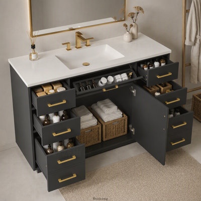 Meuble-lavabo autoportant de 48 po avec comptoir d'évier, armoire en panneau de fibres à densité moyenne avec 7 tiroirs et 1 porte, lavabo en composite, charnières à fermeture en douceur, poignées en métal doré, noir