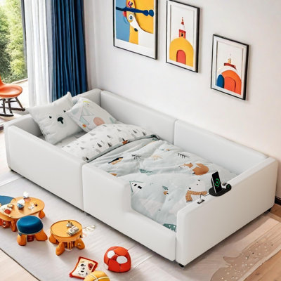 Upholstered Platform Bed With Guardrail And Charging Station