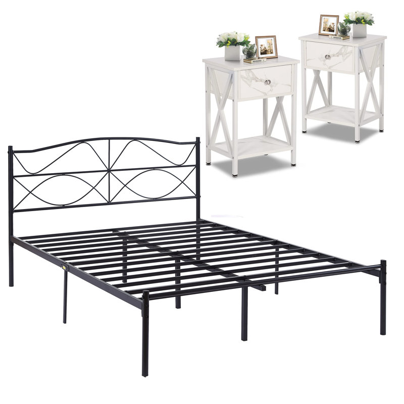 Ensemble de chambre configurable avec lit plateforme en fer, Double, Blanc