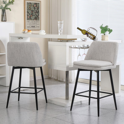 Tabouret de bar pivotant à hauteur de comptoir de 2, revêtu de lin avec dossier et pieds en métal, assise de 25,6 po de hauteur, convient pour un îlot de cuisine et un pub, lin couleur 360, tissu