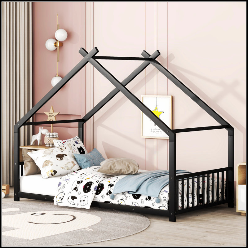 Lit robuste en métal avec design créatif, parfait pour le confort et l'imagination des enfants, Lit simple, Noir