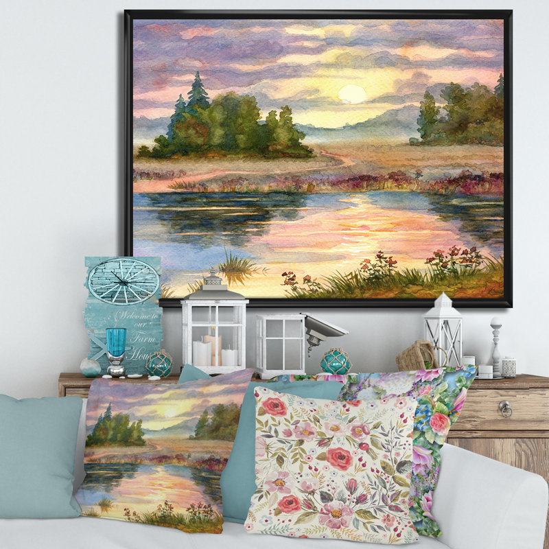 Coucher de soleil sur le lac I - peinture sur toile, Toile avec cadre noir, H 30 po x l 40 po x p 1 po