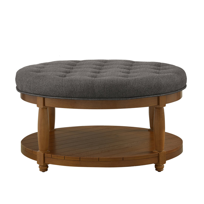 Round Upholstered Tufted Linen Ottoman Coffee Table, Charcoal, Natural