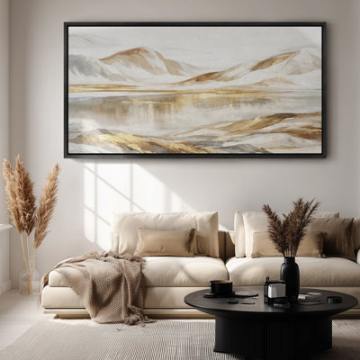 Framed Canvas Wall Art - Soft Abstract Mountain Lake with Warm Neutral and Gold Accents - 16"x24", 24"x36"