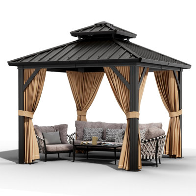 10x10 ft Hardtop Gazebo, Heavy Duty Steel Pavilion with Nettings and Curtains, Metal Roof Gazebo, Brown