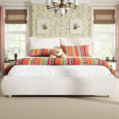 Boucle Fabric Upholstered Platform Bed with Removable Pillow Headboard, White, No Box Spring Needed