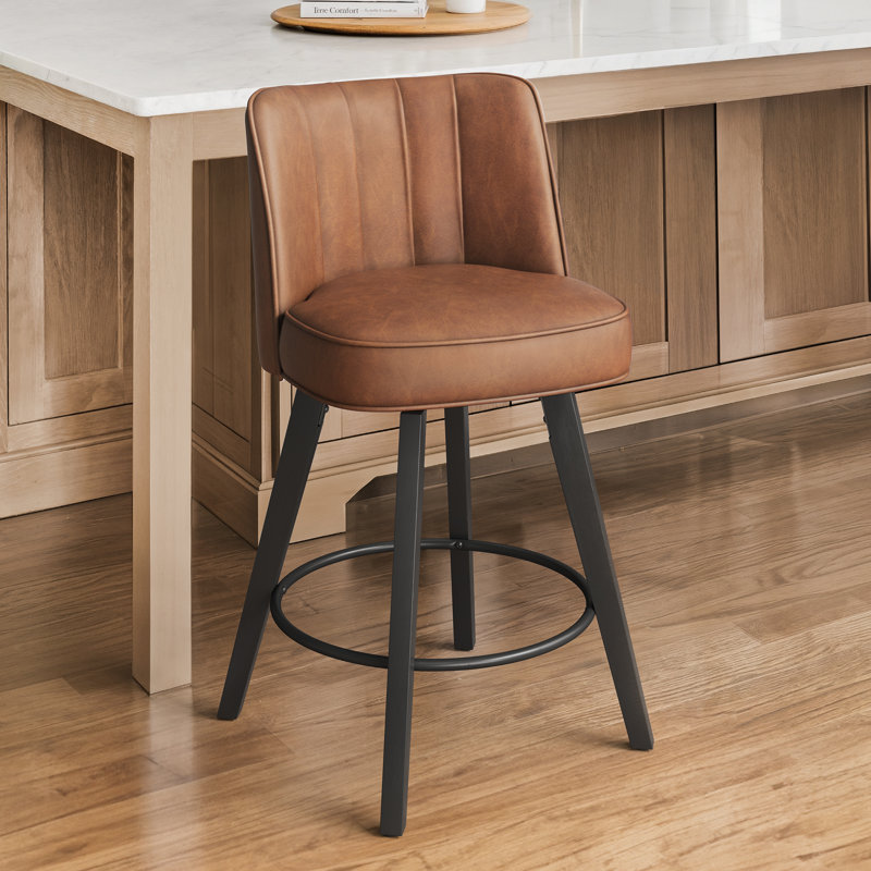 Condredge 26" H Upholstered Solid Wood Swivel Counter Stool, Brown/Black