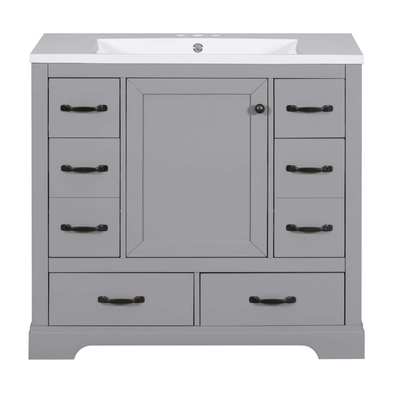 Meuble-lavabo 36 po avec lavabo 36 po, 6 tiroirs, diviseur de tiroir multifonctionnel, tablette réglable, Gris