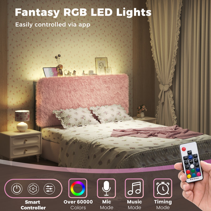 Upholstered LED Headboard with USB & Type C Port, Twin, Pink