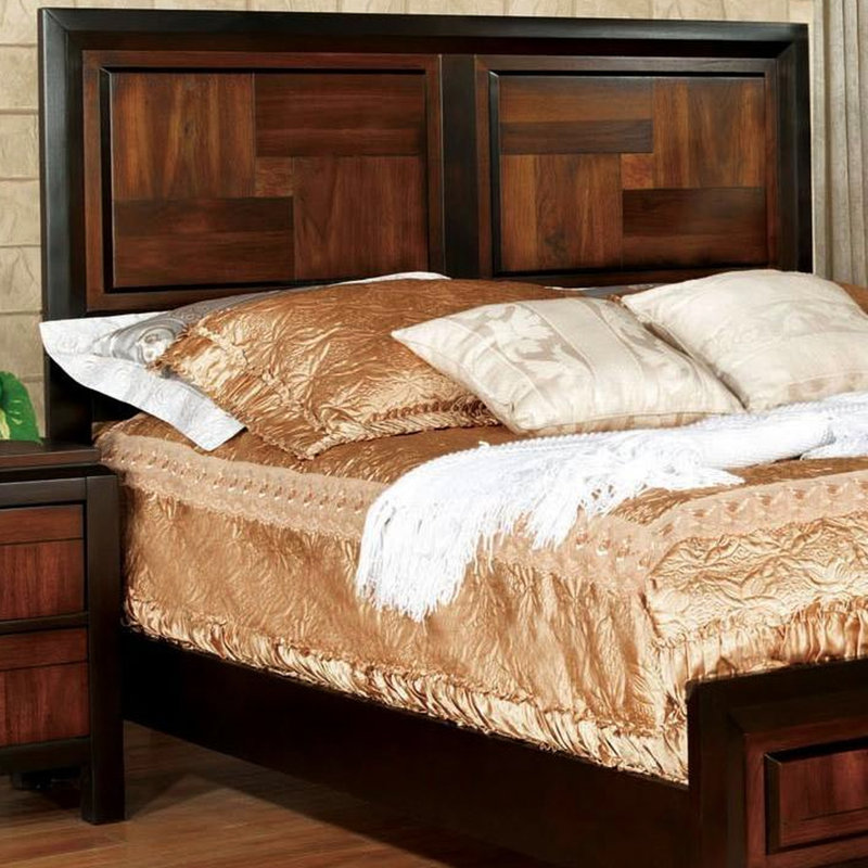 Grand lit transitionnel en bois massif / noyer avec tête de lit style Parquet contemporain