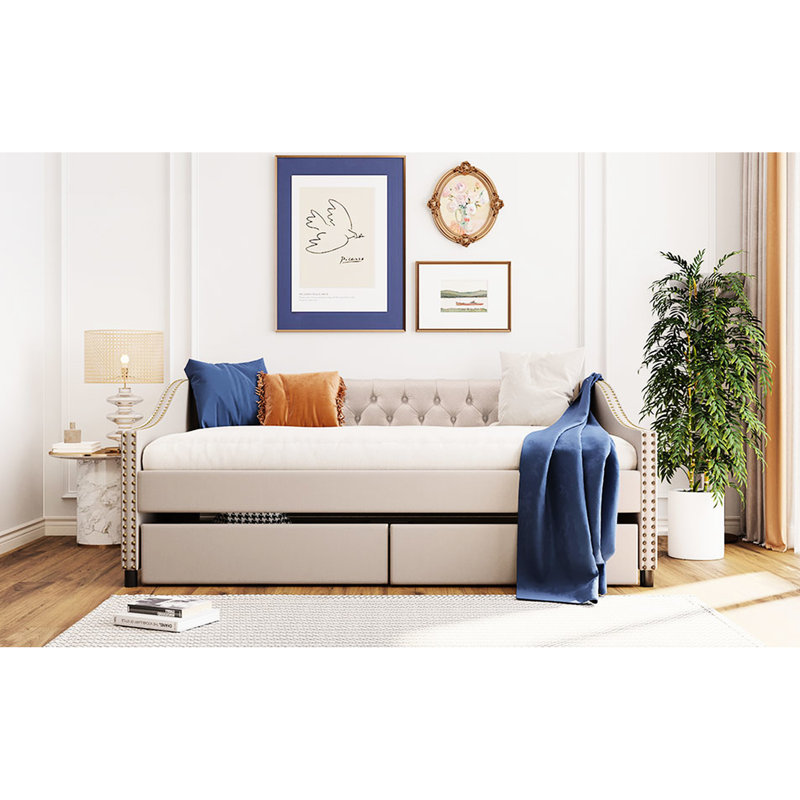 Lit de jour rembourré pleine grandeur avec deux tiroirs polyvalents et support en lattes de bois - Personnalisez le décor de votre maison en beige Base de rangement spacieuse Transform Home Style