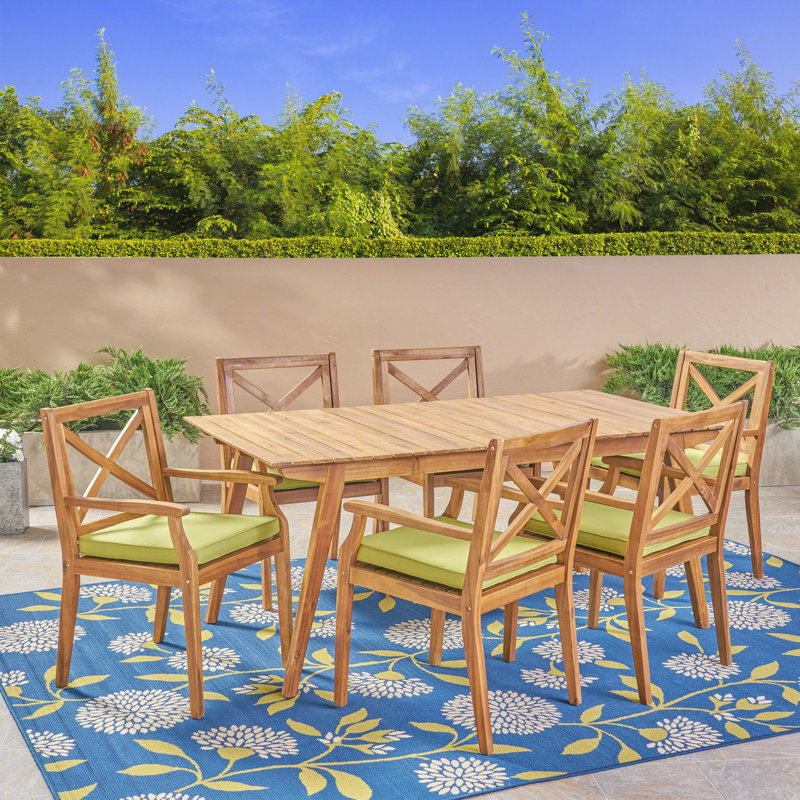 Orchard Hill 6 - Person Acacia Wood Patio Dining Set with Rectangular Table , Cushions Included, Teak, Green