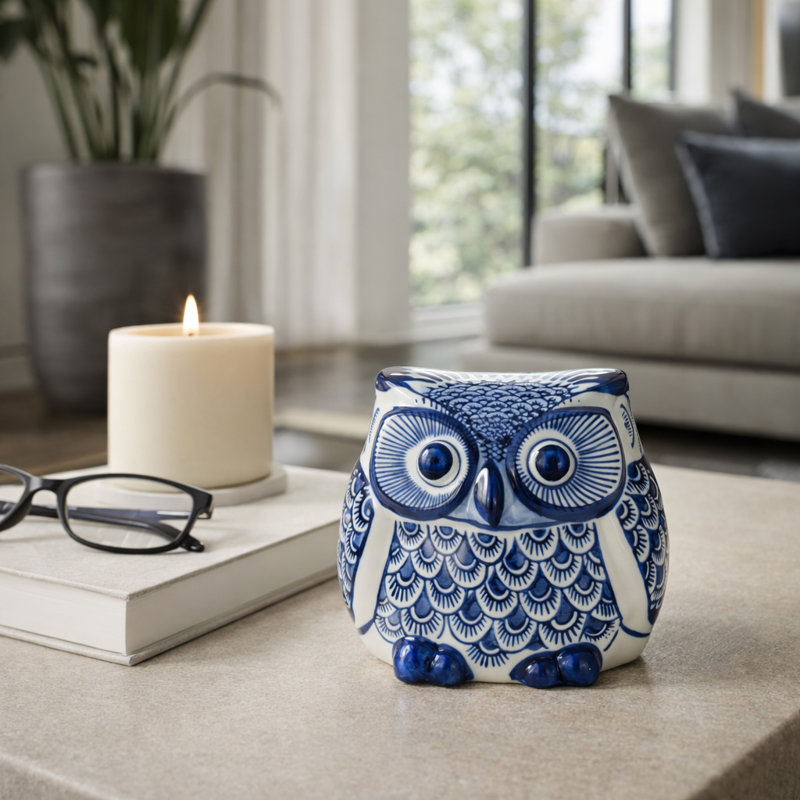 Figurine chouette en céramique Caleta avec détails peints à la main, H 5 po x l 6 po x P 6 po