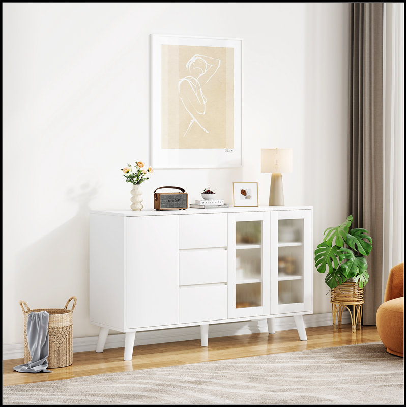 Farmhouse Buffet Cabinet With 3 Drawers And Pop-Up Doors, Perfect For Dining Room And Kitchen Storage