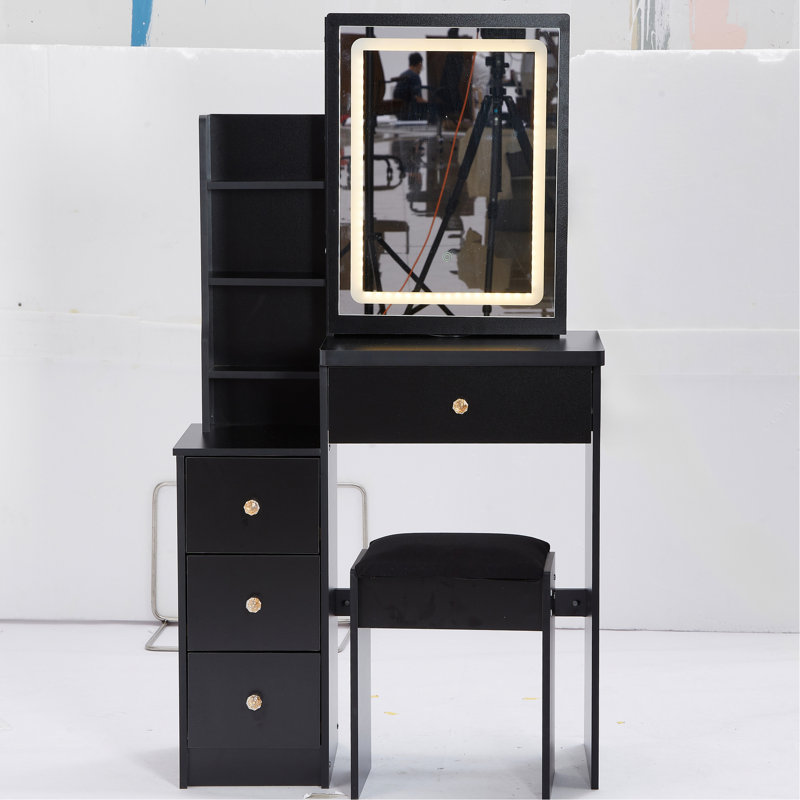 Small Space Vanity Table With Sliding Led Mirror, Brightness And Color Adjustable, Cushioned Stool, , Black Compact Left Side Bedside Padded Chair & Touch Operated Adjustable 3 Settings, American