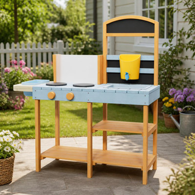 Cuisine de boue extérieure en bois 3 en 1 pour enfants de 3 à 8 ans, avec évier amovible, bassin transparent, tableaux noirs, robinet et plaque de cuisson, jeu de jardin