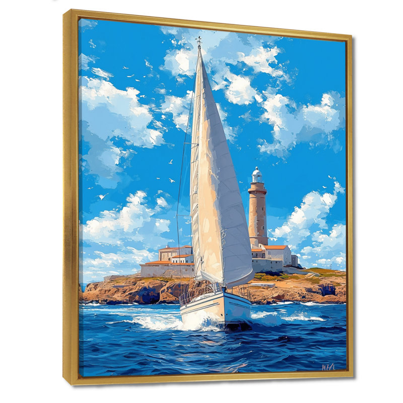 Voilier partant du phare du port, ciel bleu - bateau, art mural, H 20 po x l 12 po x P 1 po, Toile avec cadre flottant or